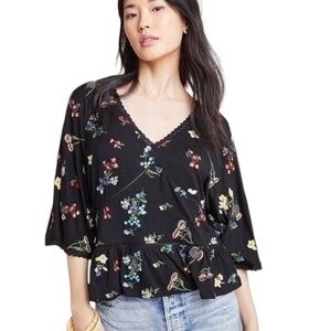Anthropologie Parvati Black Embroidered Floral Crochet Lace Cropped Top - XS